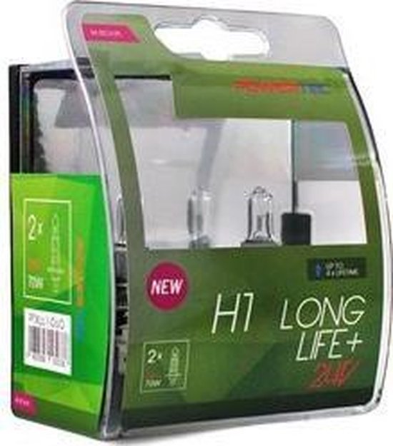 Verpakking met twee Powertec H1 Long Life 24V halogeenlampen.
