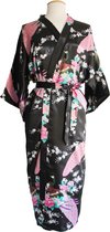KIMU® kimono zwart satijn - maat S-M - ochtendjas yukata kamerjas badjas - onder de knie