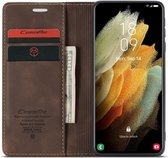 Retro Wallet Slim Case - Telefoonhoesje - Portemonnee Hoesje voor Samsung Galaxy S21 Ultra - Bruin