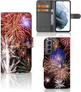 Portemonnee Hoesje Geschikt voor Samsung Galaxy S21 FE Smartphone Hoesje Kerstcadeau Vuurwerk