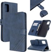 Voor Samsung Galaxy A41 Stiksels Stijl 2-Kleur Koe Textuur Horizontale Flip PU Lederen Case met Houder & Kaartsleuf & Lanyard (Blauw)