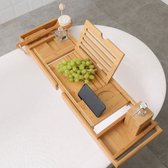 Luxe Bamboe Badrekje Uitschuifbaar met Boekenhouder / Tablethouder - Uitschuifbaar badrek van: 75 tot 110 cm - Bamboe Hout - Badplank met Boekenhouder + Plaats voor Kaars en Glas Wijn - Bamboe kleur