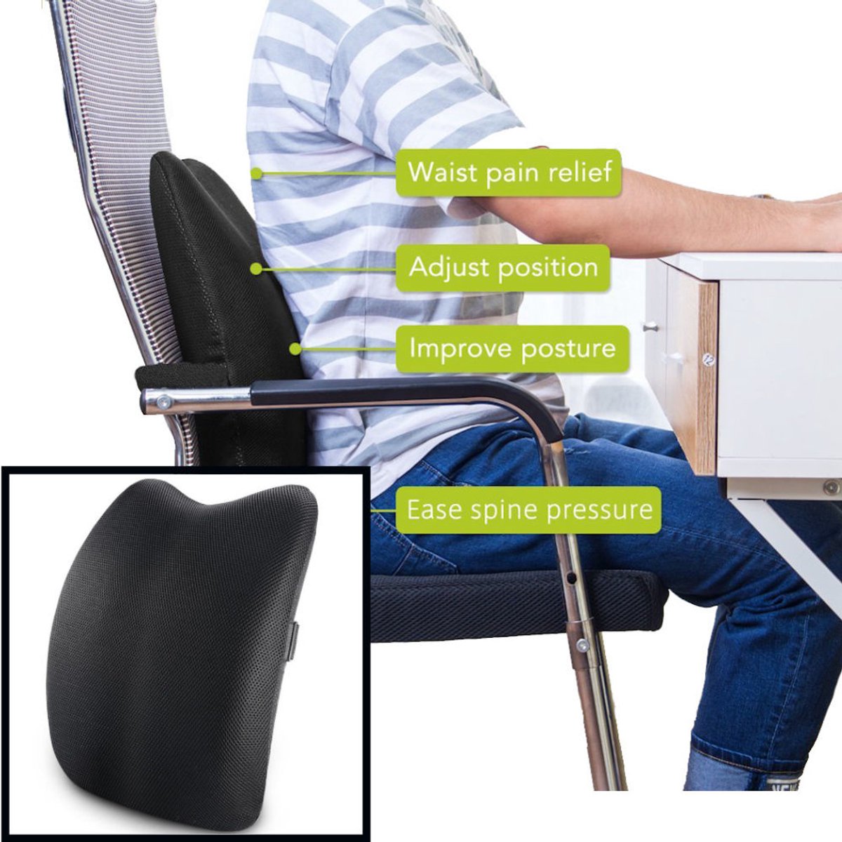 ProtoArc Lumbaal steunkussen, rugsteunkussen van traagschuim, ergonomisch vlinderontwerp, rugsteun voor bureaustoel, autostoel, dubbele verstelbare riemen en ademende mesh-hoes, zwart
