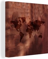Canvas Wereldkaart - 50x50 - Wanddecoratie Wereldkaart - Bruin - Rood