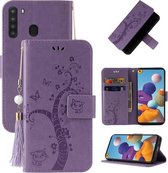 Voor Samsung Galaxy A21 EU Versie Reliëf Lucky Tree Horizontale Flip Lederen Case met Houder & Kaartsleuf & Portemonnee & Lanyard (paars)