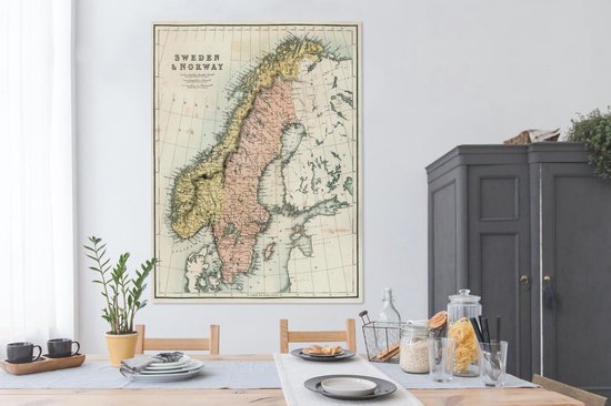 Carte ancienne de la Suède et de la Norvège 120x160 cm - Tirage photo sur toile (Décoration murale salon / chambre) XXL / Groot format!