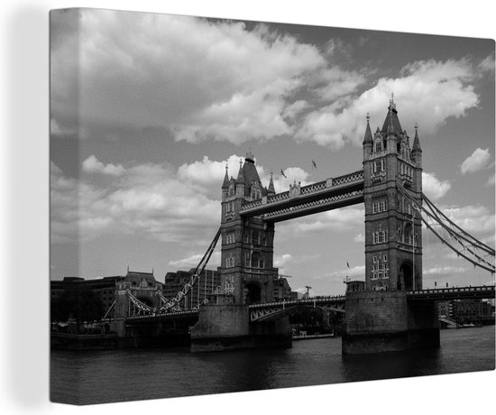 Canvas schilderij 140x90 cm - Wanddecoratie Zwart wit afbeelding van de iconische Tower Bridge in Londen - Muurdecoratie woonkamer - Slaapkamer decoratie - Kamer accessoires - Schilderijen