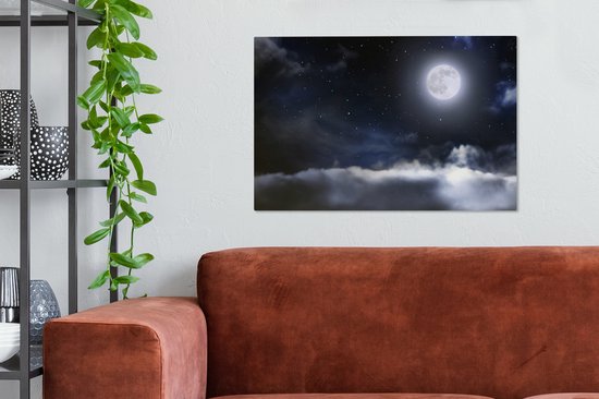 La pleine lune entourée de nuages et d'étoiles toile 60x40 cm - Tirage photo sur toile (Décoration murale salon / chambre)