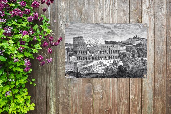Tuinposter 90x60 cm - Tuindecoratie Illustratie van het Colosseum in zwart-wit - Poster voor in de tuin - Buiten decoratie - Schutting tuinschilderij - Tuindoek muurdecoratie - Wanddecoratie balkondoek