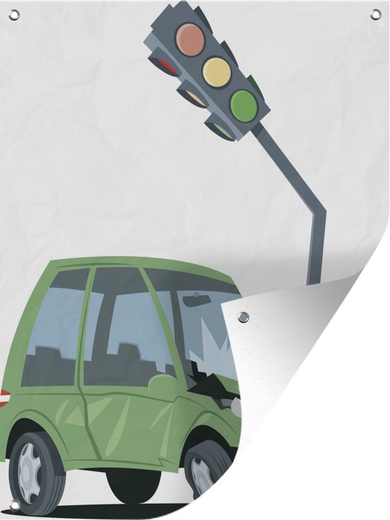 Tuin decoratie Illustratie van een auto wrak tegen een stoplicht - 30x40 cm - Tuindoek - Buitenposter