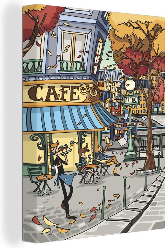 Canvas Schilderij Parijs - Café - Herfst - 30x40 cm - Wanddecoratie