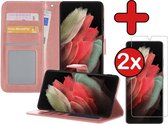 Samsung S21 Ultra Hoesje Book Case Met 2x Screenprotector - Samsung Galaxy S21 Ultra Hoesje Wallet Case Portemonnee Hoes Cover - rose Goud
