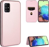 Voor Samsung Galaxy A71 Carbon Fiber Texture Magnetische Horizontale Flip TPU + PC + PU Leather Case met Rope & Card Slot (Pink)