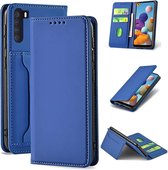 Voor Samsung Galaxy A21 Sterk magnetisme Vloeibaar gevoel Horizontale flip lederen tas met houder & kaartsleuven en portemonnee (blauw)