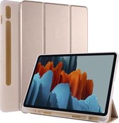 Voor Samsung Galaxy Tab S7 T870 11 inch Horizontale Flip Anti-fall Transparante Leren Case met Drie-vouwbare Houder & Pen Slot (Gouden)