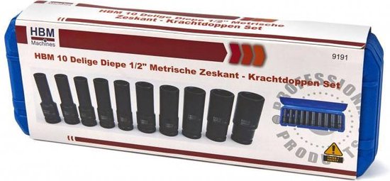 Verpakking van HBM 10-delige diepe 1/2" metrische dopsleutelset, met afbeeldingen van de doppen en koffer.