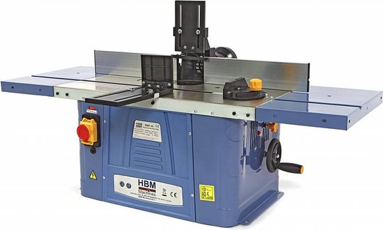 Blauwe HBM houtfreesmachine met metalen tafel, uitklapbare zijtafels, handwiel en geleiderail.