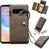 Let op type!! Voor Galaxy S10 shock proof PC + TPU beschermhoes  met kaartsleuven & portemonnee & foto frame & Lanyard (donker bruin)