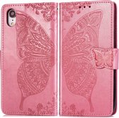 Butterfly Love Flowers Embossing Horizontal Flip Leather Case voor iPhone XR, met houder & kaartsleuven & portemonnee & draagkoord (roze)