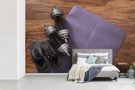 Papier peint photo peint photo vinyle - Les deux poids et chaussures de sport sont prêts pour le fitness largeur 450 cm x hauteur 300 cm - Tirage photo sur papier peint (disponible en 7 tailles)