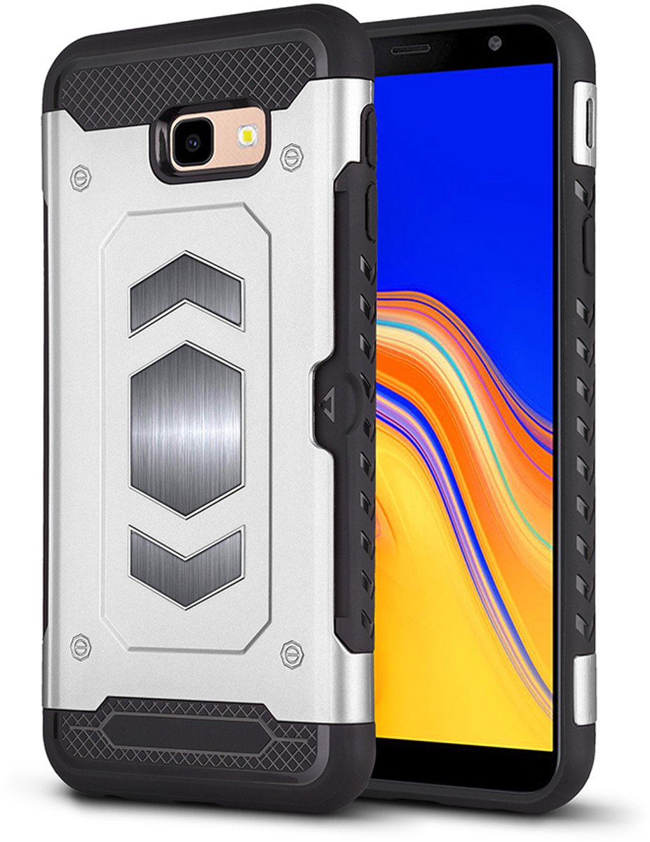 Samsung Galaxy J4 Plus (2018) Luxe Armor Case Pashouder - Zilver - van Bixb