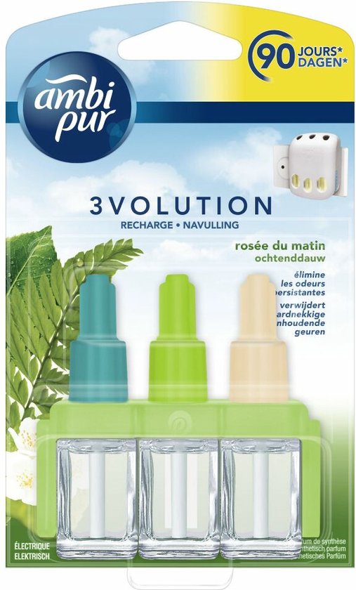 Ambi Pur 3Volution navulling 'Ochtend Douw' in verpakking met groene bladeren en witte bloemen. Drie geurflesjes met groene, blauwe en beige dopjes.