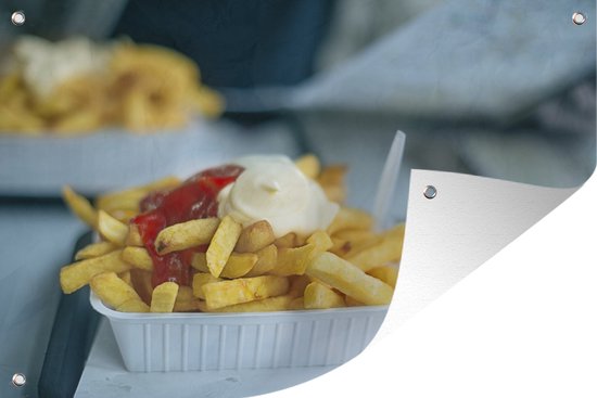 Tuinposter - Tuindoek - Tuinposters buiten - Nederlandse friet met mayonaise en ketchup - 120x80 cm - Tuin