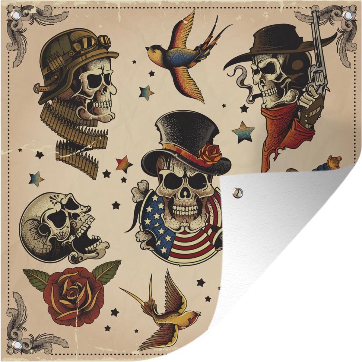 Tuindoek Een illustratie van klassieke schedel tatoeages - 100x100 cm op Prijzenvolger.com