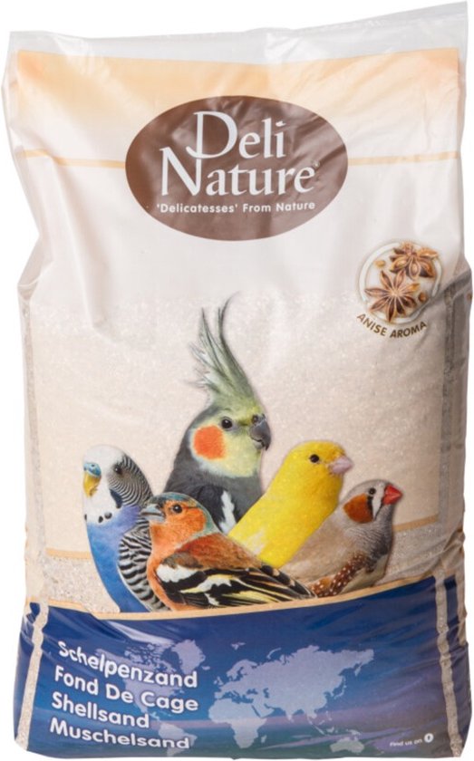 Zak schelpenzand met de tekst 'Deli Nature', 'Schelpenzand' en 'Anise Aroma', afgebeeld met parkieten, valkparkiet, kanarie en zebravink.