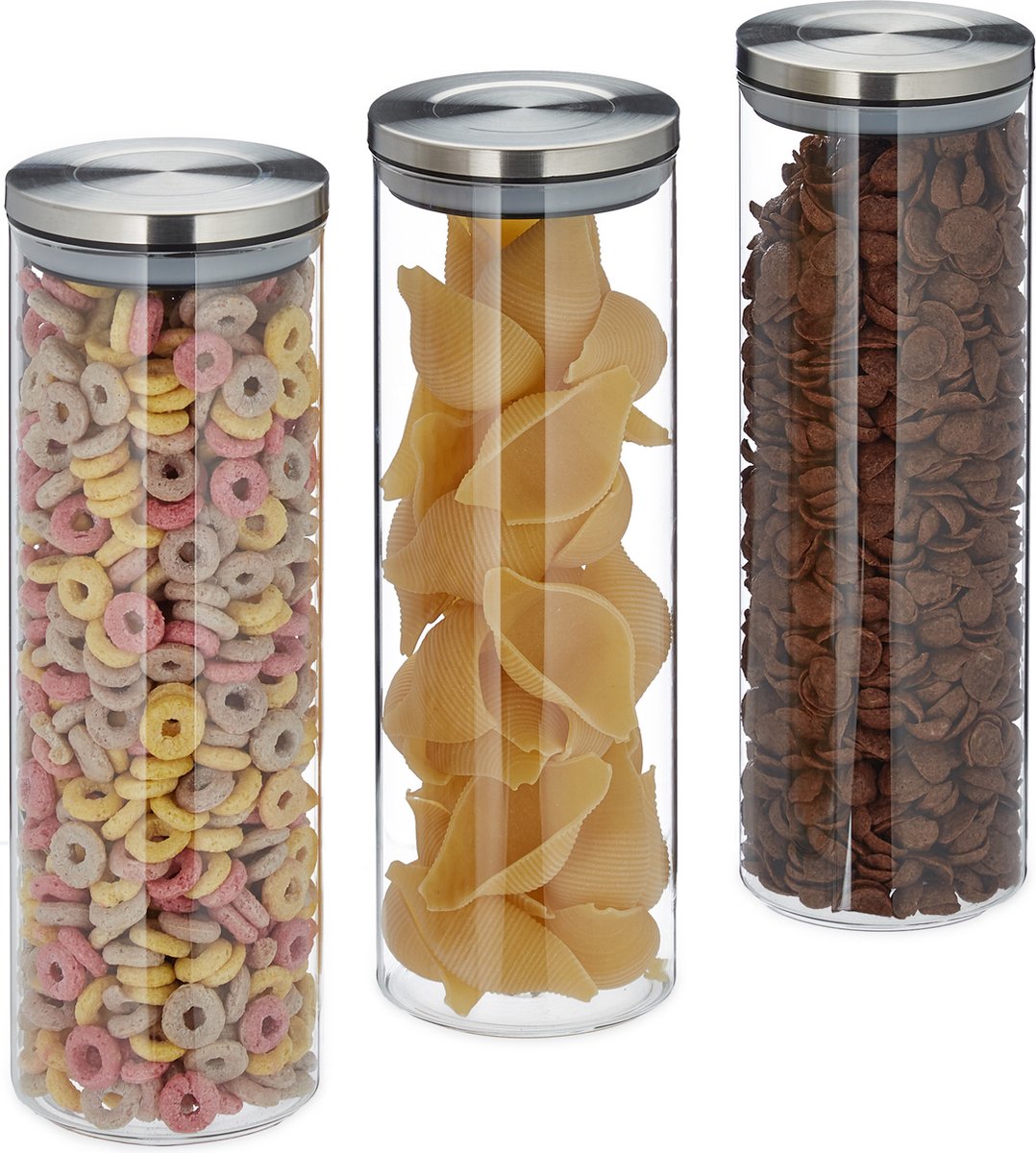 voorraadbussen - set van 3 - luchtdicht - rvs deksel - voor pasta - 1,6 l - glas