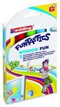 Doos met 5 edding Funtastics window fun raamstiften, met afbeeldingen van een draak, hond en jongen.
