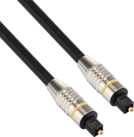 Toslink optische kabel met zilverkleurige connectoren met gele ring.