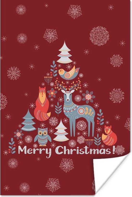 Poster Bomen - Dieren - Kerst - 60x90 cm - Kerstmis Decoratie - Kerstversiering - Kerstdecoratie Woonkamer