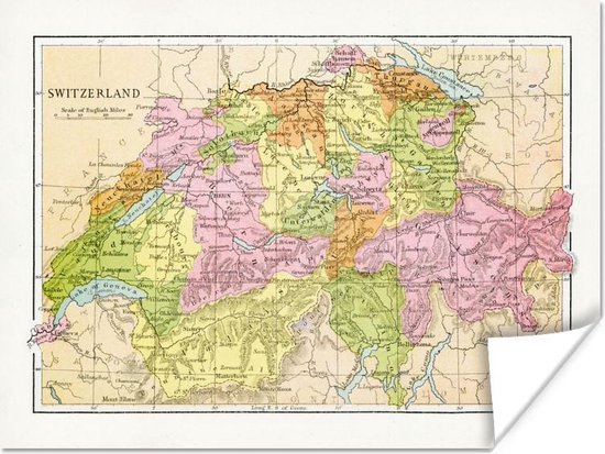 Poster Gedetailleerde kaart van Zwitserland - 80x60 cm