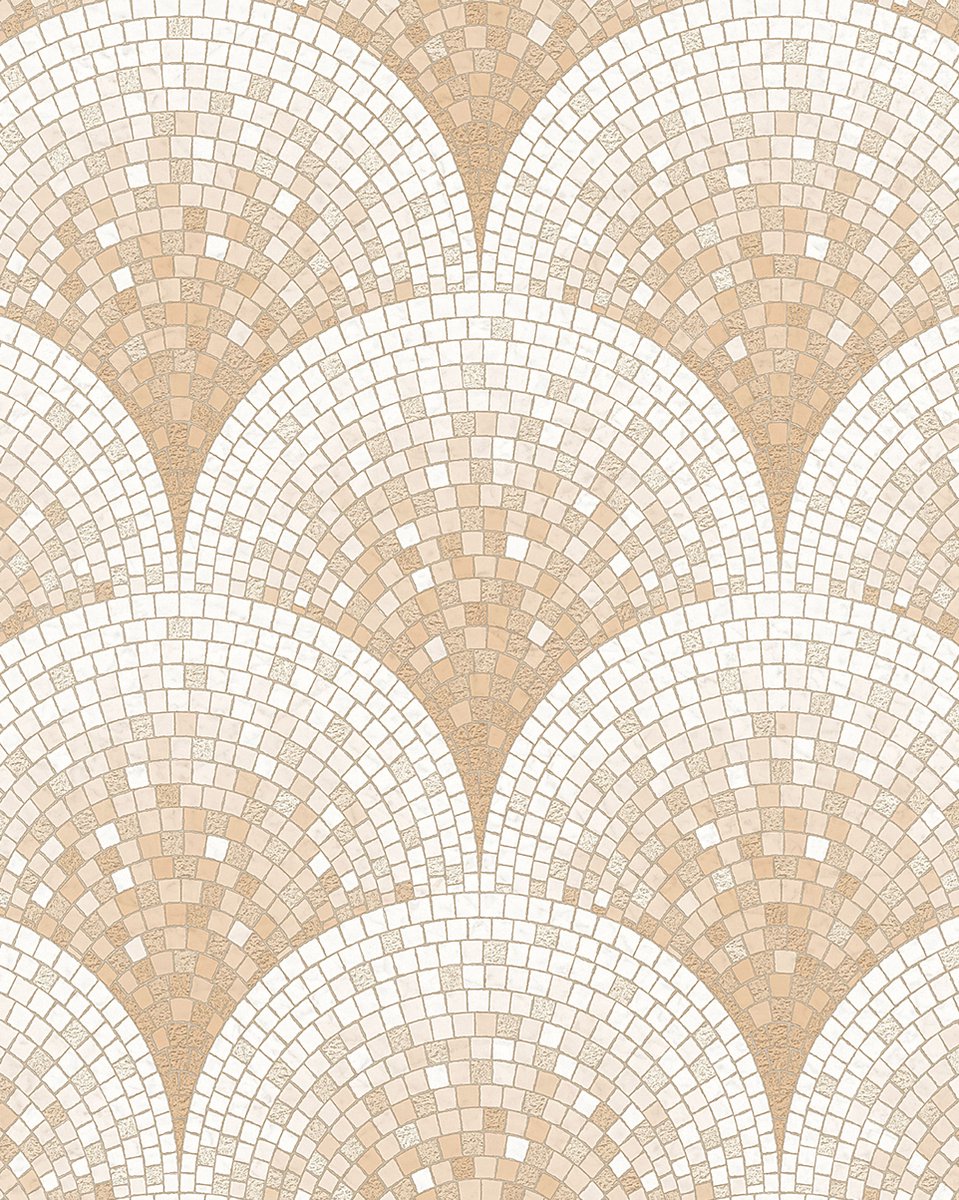 Steen tegel behang Profhome BA220043-DI vliesbehang hardvinyl warmdruk in reliëf gestempeld in tegel patroon glimmend beige wit 5,33 m2