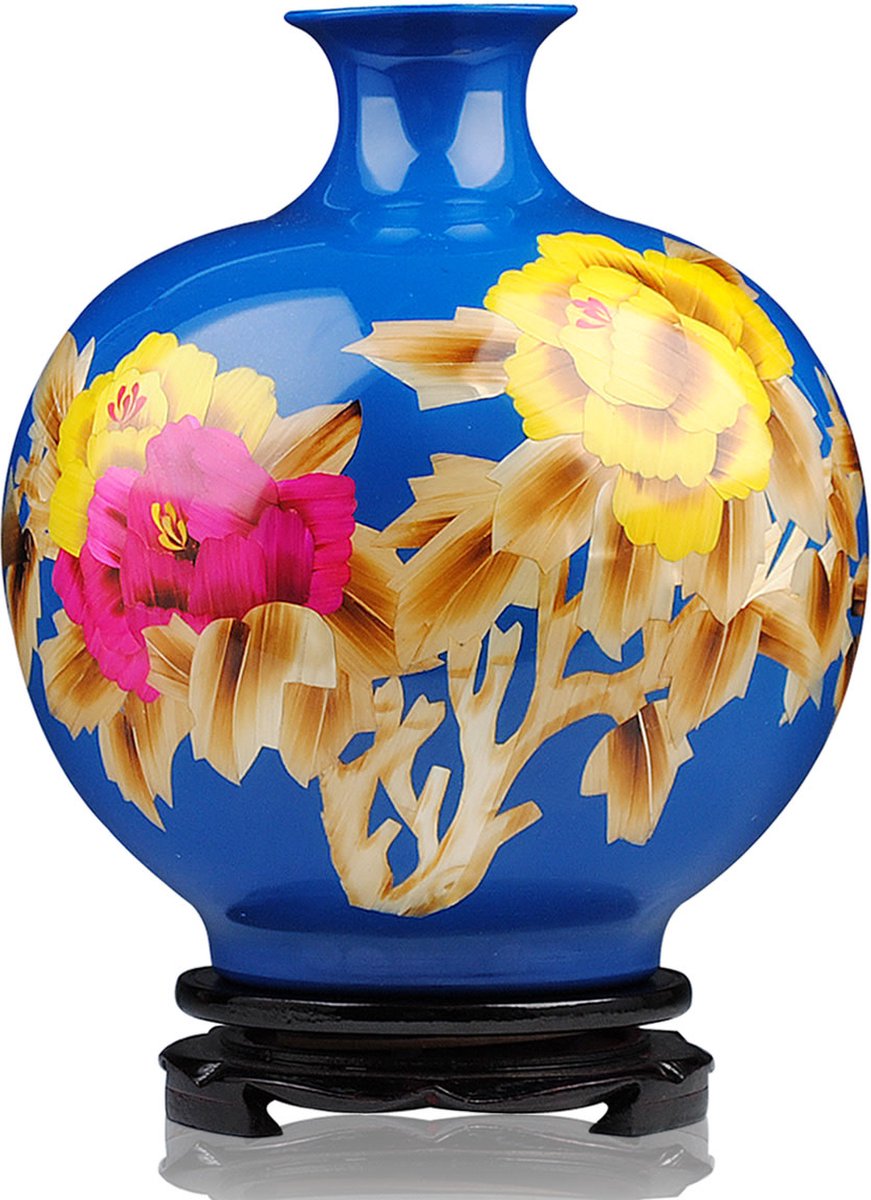 Fine Asianliving Chinese Vaas Porselein Handgemaakt Pioenrozen Blauw H29.5cm