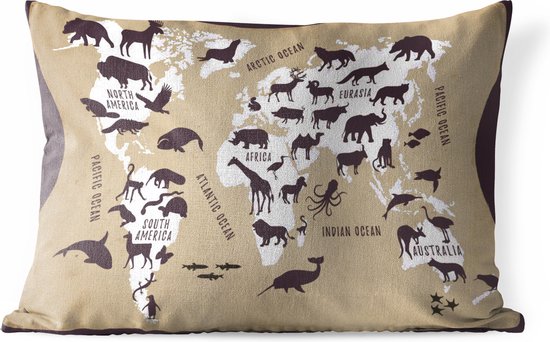 Buitenkussens - Tuin - Witte wereldkaart met bruine achtergrond en illustraties van silhouetten van dieren - 60x40 cm