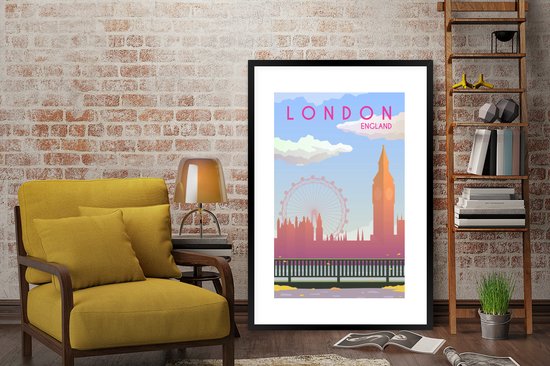 Image encadrée - Illustration de la ville de Londres en Angleterre cadre photo noir avec passe partout blanc 80x120 80x120 cm - Affiche encadrée (Décoration murale salon / chambre)