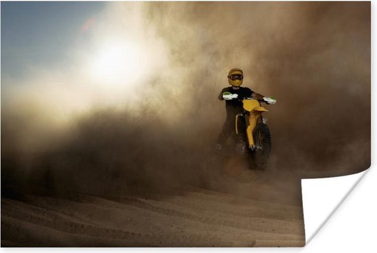 Poster Un homme sur une moto jaune dans un nuage de poussière 180x120 cm -  Tirage... | bol.com