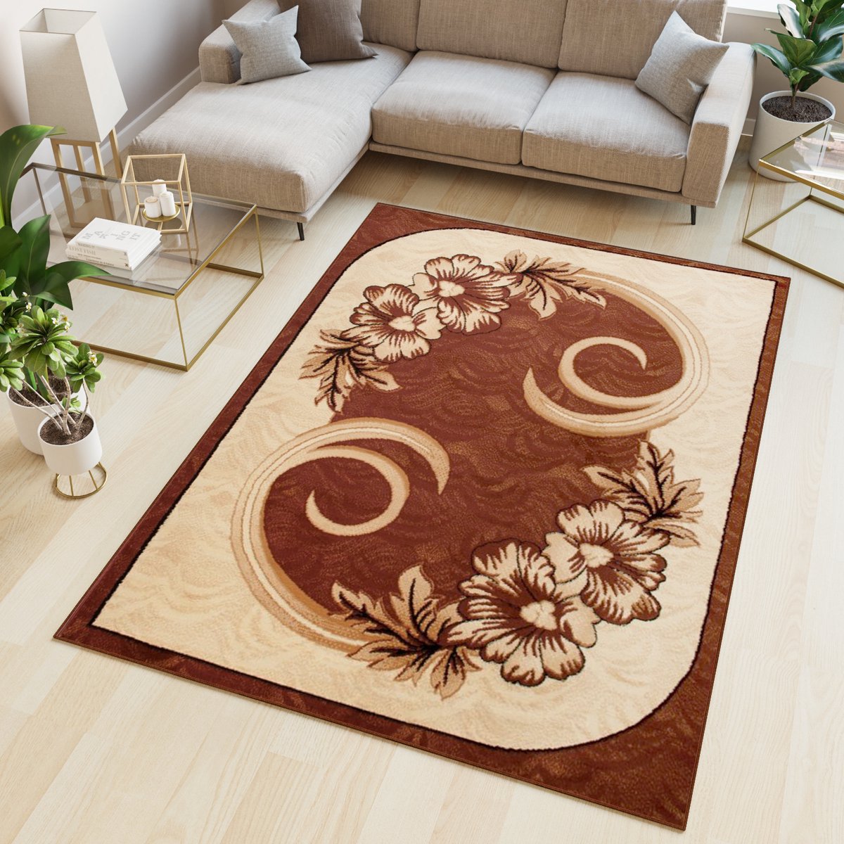 Tapiso Atlas PP Vloerkleed Beige Bruin Gebloemd Woonkamer Tapijt Maat- 80x150
