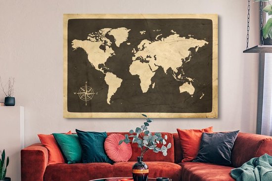 Peintures sur toile Wereldkaart - Rose des vents - Vintage - 150x100 cm - Décoration murale