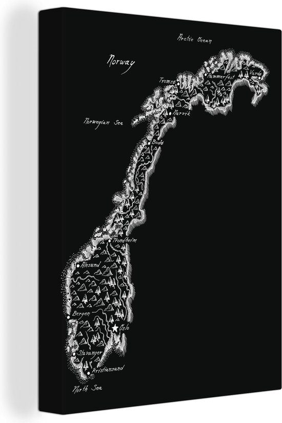 Canvas Schilderij Zwart-wit kaart van de bergen en waterlichamen in Noorwegen - 90x120 cm - Wanddecoratie