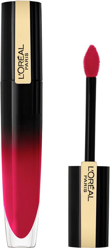 L'Oréal Paris Brilliant Signature lippenstift in roze met zwarte en gouden huls.