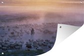 Tuinposter - Tuindoek - Tuinposters buiten - Herder op ezel tussen kudde schapen in mist - 120x80 cm - Tuin