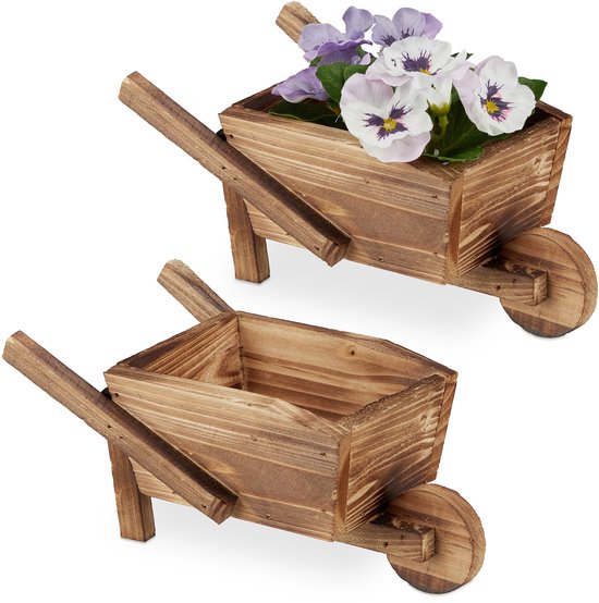 bloempot kruiwagen - set van 2 - 10 x 22 x 12 cm - hout - binnen - buiten