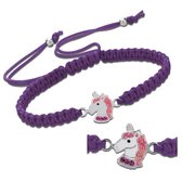 Armband meisje | Eenhoorn armband | Katoenen armband, zilveren eenhoorn met roze glittermanen