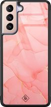 Samsung S21 hoesje glass - Marmer roze | Samsung Galaxy S21  case | Hardcase backcover zwart