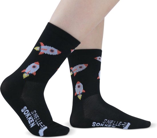 Vrolijke Fietssokken - Rocket print - Zwart - Maat 35 tot 38 - Maat 39-45