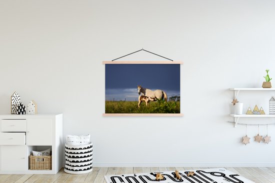 Cheval avec poulain dans l'herbe affiche textielposter lattes vierge 120x80 cm