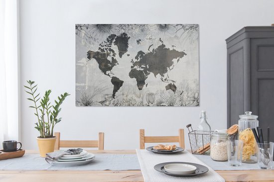 Wereldkaart avec motif béton gris foncé décorée d'illustrations de fleurs 140x90 cm